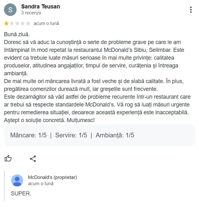 Recenziile clienților McDonald’s din Șelimbăr, luate în derâdere. Reacția oficială a reprezentațiilor restaurantului