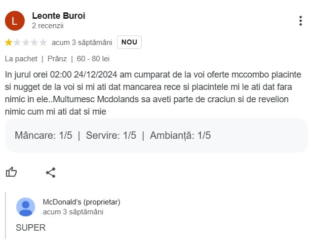 Recenziile clienților McDonald’s din Șelimbăr, luate în derâdere. Reacția oficială a reprezentațiilor restaurantului