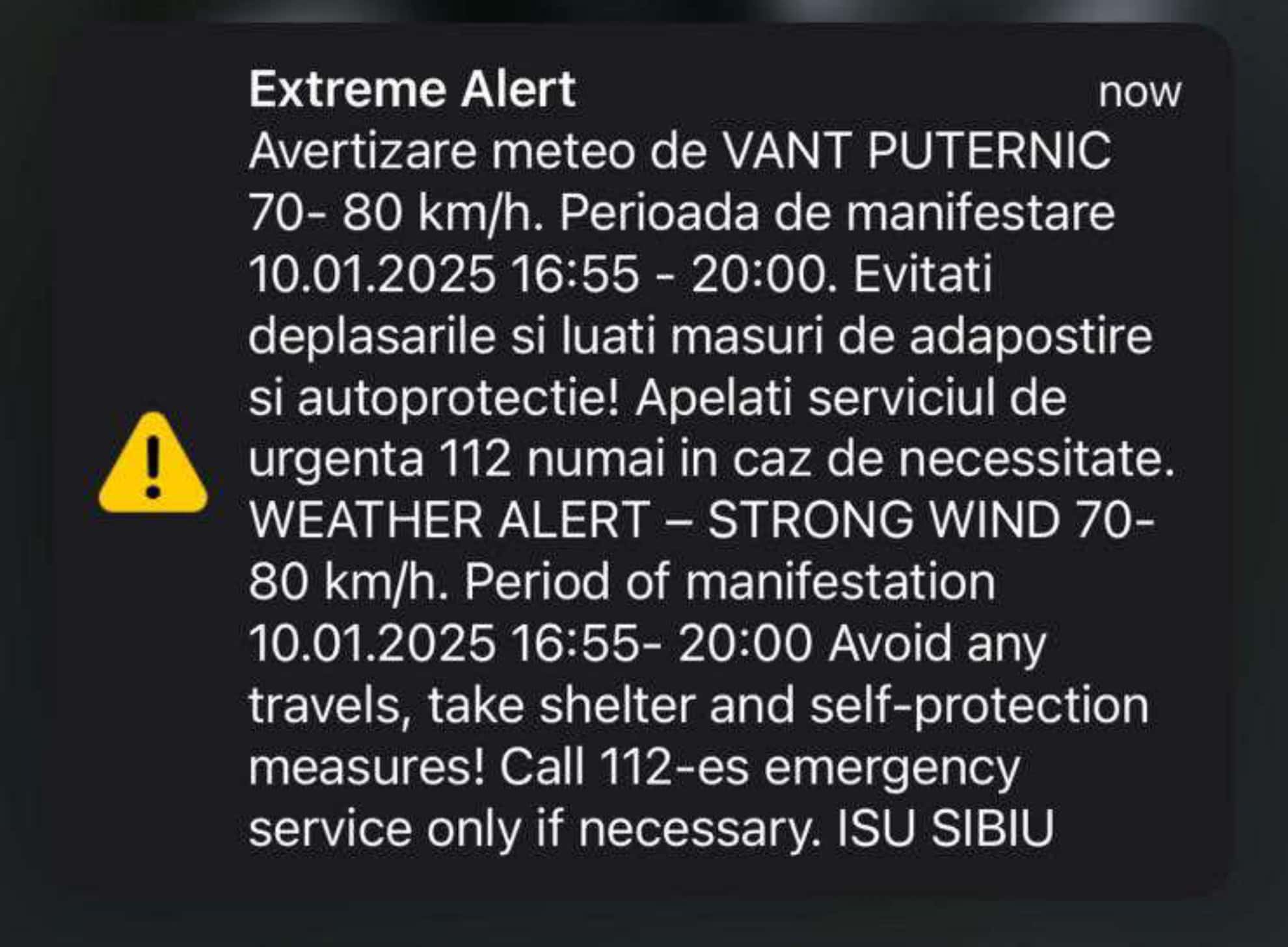 Cod portocaliu de vânt puternic în Sibiu. S-a emis mesaj Ro-Alert: „Evitați deplasările!”